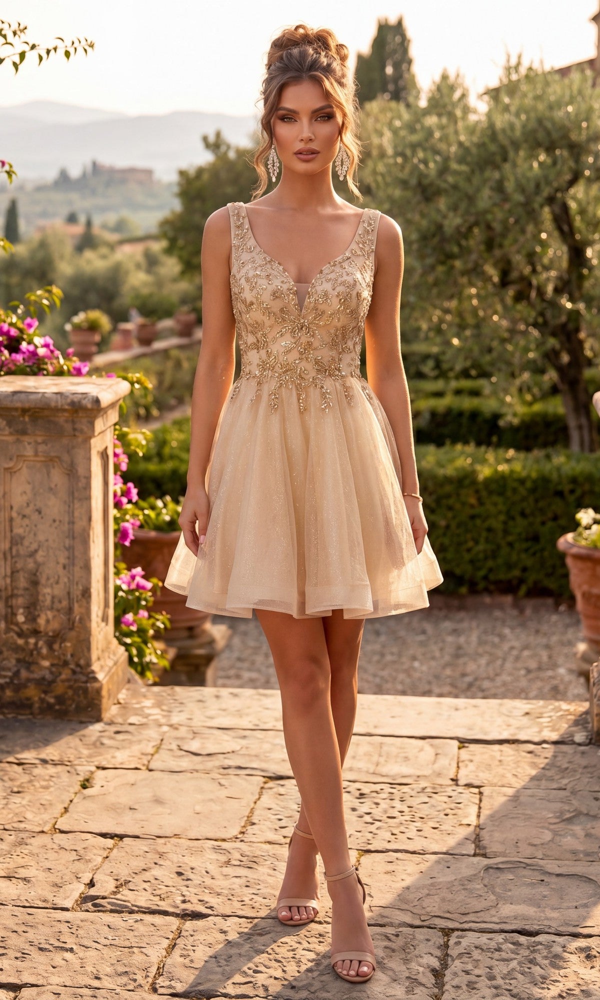 A woman wearing the Chicas C376 short homecoming dress in champagne, featuring a sleeveless, fit-and-flare silhouette with floral embroidery, stands on a stone path in a garden surrounded by greenery and flowers.